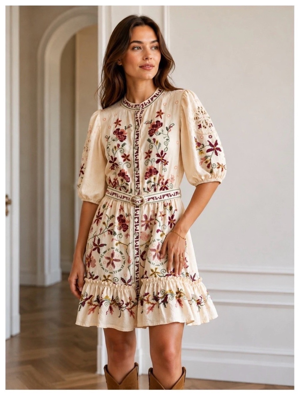 Caroline Constas Cream Embroidered Floral Tie-Waist Mini Dress